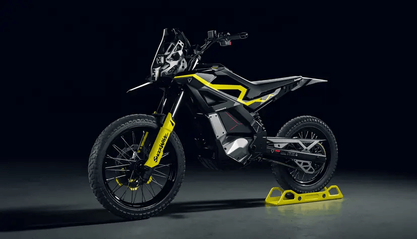 Ultraviolette Shockwave electric motorcycle viewed from the side